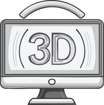 Monochrome illustration of a computer monitor displaying 3D text, isolated vector