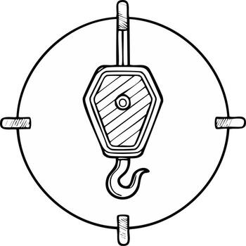 Sketch style crane hook and pulley block centered in a circular target illustration vector