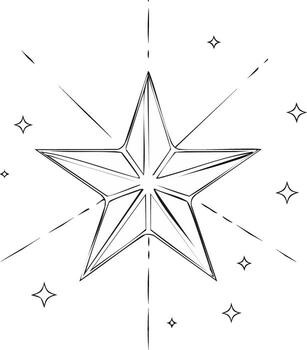 Sparkling five pointed star line drawing with geometric facets and shining light rays vector