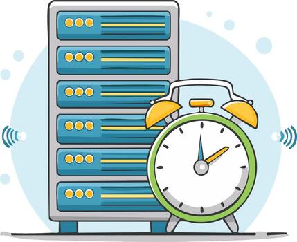 servidor estante y alarma reloj representando hora y tecnología vector