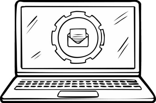 garabatear estilo ordenador portátil mostrando un correo electrónico sobre dentro un engranaje icono para mensaje Procesando vector