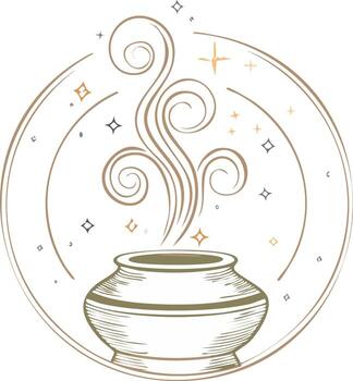 Brewing magic cauldron with mystical steam, decorative swirls, and shimmering sparkles in a circular design vector