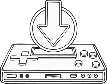 Retro game controller with download arrow icon in a line art illustration vector