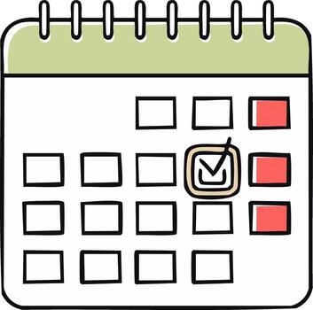 mano dibujado calendario con marcado fechas y un marca de verificación en un caja ilustración vector