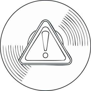 Warning icon with exclamation mark in triangle, inside a circle with lines vector