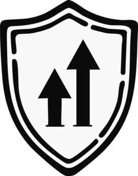Rising arrows inside a bold shield symbolizes growth, progress, safety, and security. icon depicts advancement within a protected framework vector