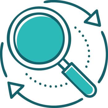 Magnifying glass icon with circular arrows representing analysis and process vector