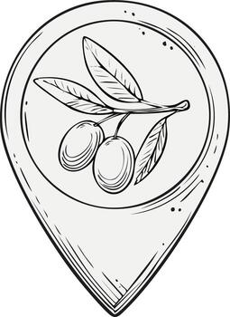 Hand drawn map pin with olive branch and olives for location marking vector