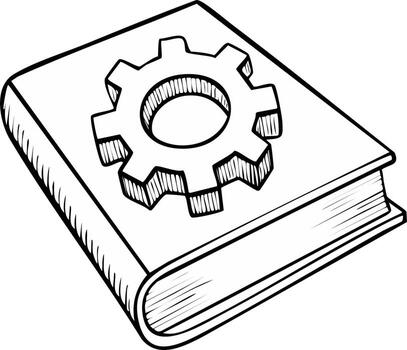 Technical manual drawing showing gear on closed book emphasizing information, engineering and education vector