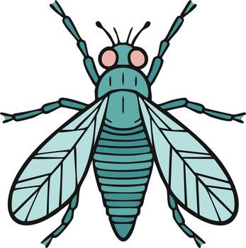 Teal colored insect with translucent wings and segmented body in a flat design illustration vector