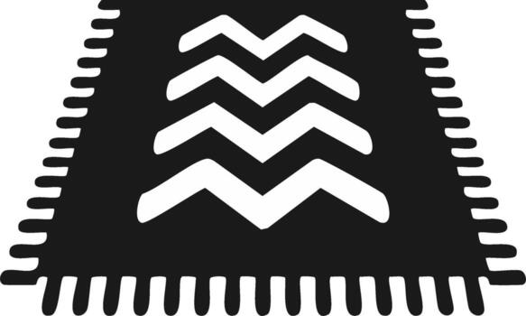 Black and white icon of a traditional fringed rug with a geometric zig zag pattern in perspective vector