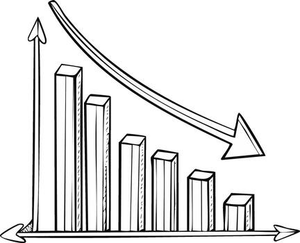 Hand-Drawn Graph Chart Illustrating Decline, with Arrow Signifying Downturn, Shows Negative Growth and Falling Market Trends vector