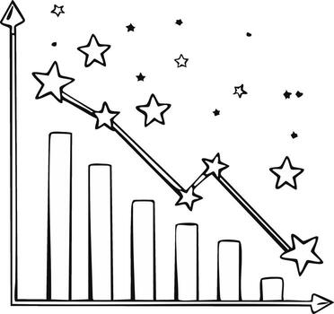 Hand-drawn graph showing a declining trend with stars symbolizing failure or disappointment vector