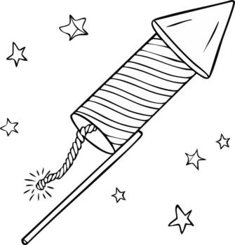 Doodle style firework rocket ready to launch with sparkling fuse and stars vector