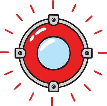 illustration of a glowing red emergency alert button with radiating light signal vector