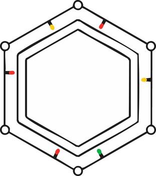 Hexagonal frame with string lights glowing red yellow and green illuminating interior space vector