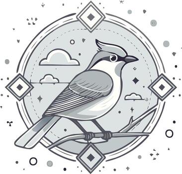 A whimsical grayscale illustration of a crested jay bird perched on a branch within a celestial circular frame vector