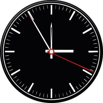 Minimalist black analog wall clock showing passing time with a red second hand vector