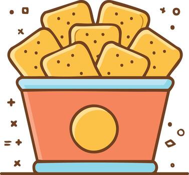 Crispy golden crackers piled high in a red and blue paper bucket with decorative elements vector