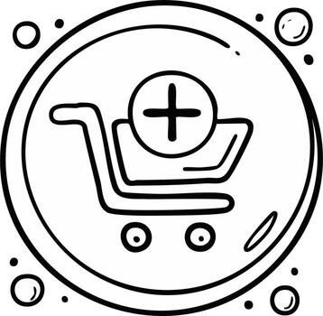 Hand Drawn Shopping Cart with Plus Symbol Icon Illustrating Adding Items to Cart vector