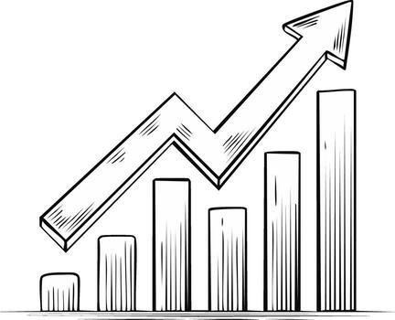 Hand-drawn upward trending bar graph with arrow indicating growth and progress vector