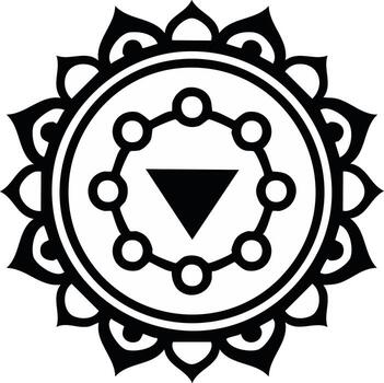 Black and white geometric mandala with a central triangle and outer petal shapes vector