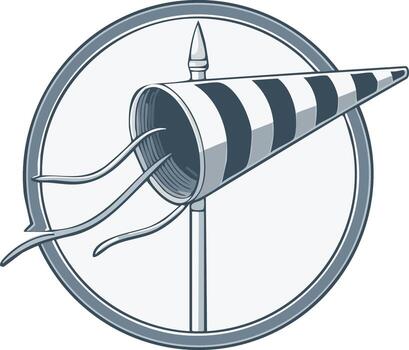 Illustrated windsock with striped design, pole, and a circular background, weather indicator for wind direction and strength vector