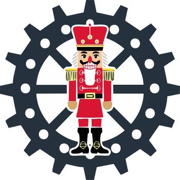 ilustración de un juguete cascanueces en un rojo uniforme en pie en frente de un gris diente rueda vector