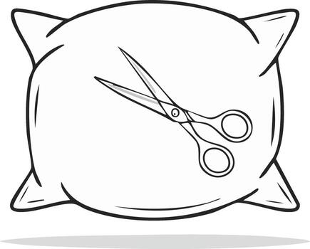 línea Arte ilustración de un suave almohada con un par de abierto tijeras vector