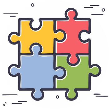 dibujado a mano ilustración de un vistoso cuatro piezas rompecabezas rompecabezas simbolizando trabajo en equipo, conexión, y resolución de problemas vector