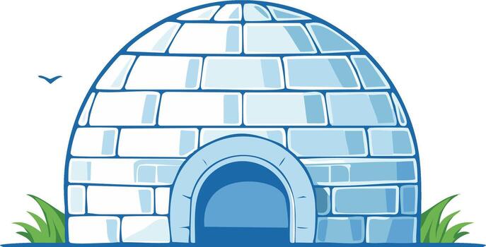 Illustration of a simple blue igloo structure with green grass and a bird in the sky vector