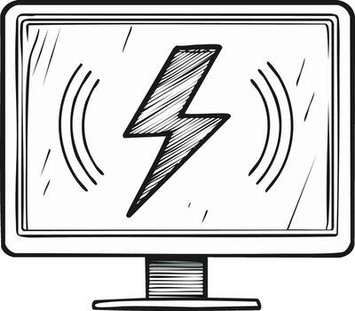 Sketch drawing of computer monitor displaying a lightning bolt symbol with radiating energy waves, symbolizing power and connection vector