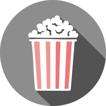 Striped container with popcorn in a gray circle with drop shadow for movies, entertainment, concessions and snacks vector