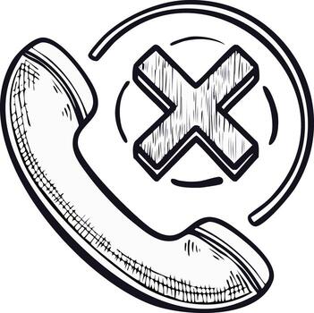 Phone handset with cancellation mark symbolizing no call or blocked number in sketchy drawing vector