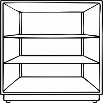 Open modern display unit with three shelves, clean outline drawing vector