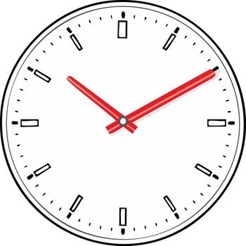 Clean analog clock face with red hour and minute hands indicating time vector