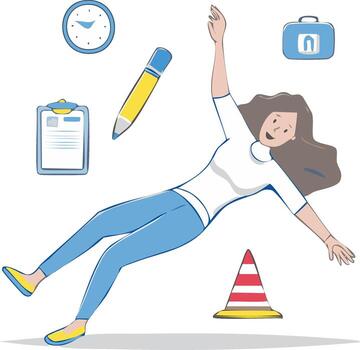 Smiling woman floating surrounded by work tools, clock, documents, and caution cone, depicting professional overwhelm vector