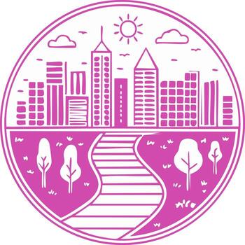 City skyline with park and path in circle frame pink illustration, buildings, sun, trees, park path, clouds, simple design, modern style vector