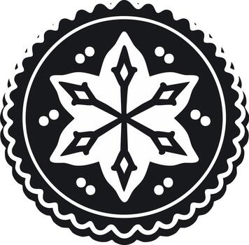 Black and white snowflake design with scalloped border inside a round frame illustration vector