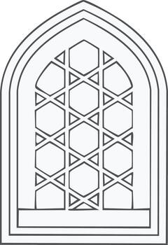 Arched window frame featuring intricate geometric pattern inspired by Islamic art and architecture vector