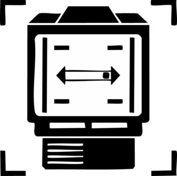 Black and White Computer Monitor Icon with Horizontal Resize Arrows and Focus Frame Guides vector