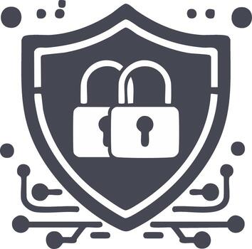 Secure data protection shield with two padlocks and futuristic tech lines vector