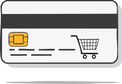 Stylized credit card with microchip and shopping cart icon for secure online payments and e-commerce vector