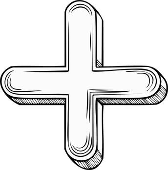 Outline Plus Sign with Hatching Accent Black and White Hand Drawn Style Design Element vector