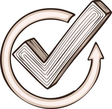 Stylized checkmark inside a circular arrow icon representing completion success update vector