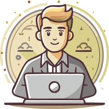 joven hombre felizmente utilizando un ordenador portátil en un estilizado circular marco con celestial elementos vector