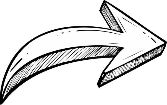 Hand drawn arrow illustration points forward in a dynamic curve, featuring shading and bold black outlines for a clear direction vector