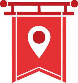 Red hanging banner flag with white location map pin pointer icon for navigation vector