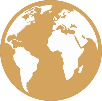 Stylized golden globe icon with a simplified world map of continents vector
