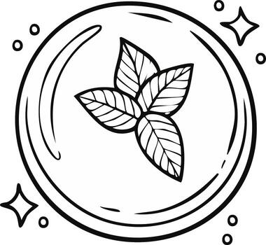 Hand-drawn outline of fresh mint leaves in a circular frame with sparkles and dots vector